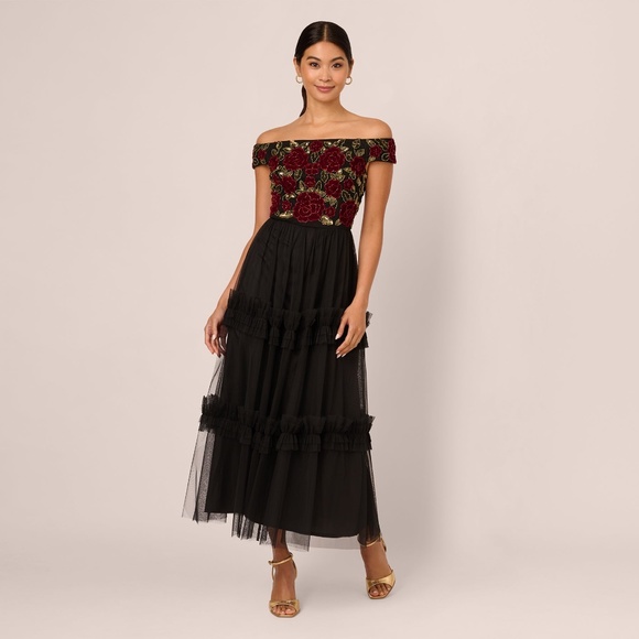 Adrianna Papell Velvet And Tulle Midi Dress In Black Red Size 12Black/Red / Regu - Picture 1 of 3